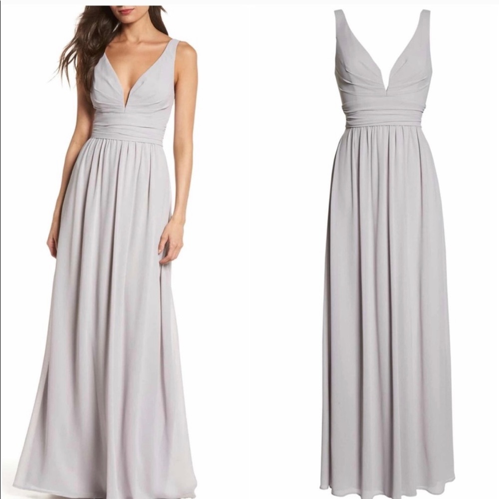 Lulus V-Neck Chiffon Gown-Grey